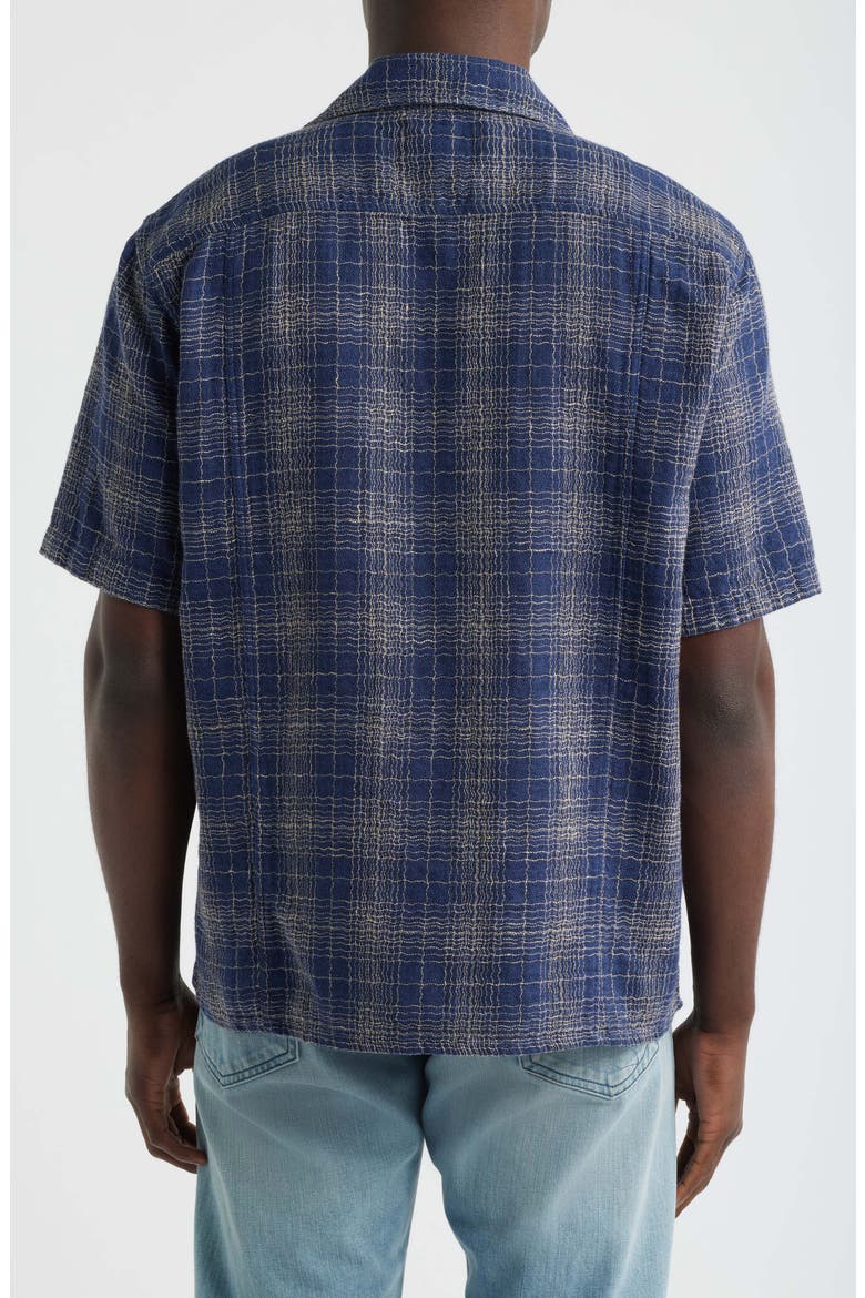 Wavy Plaid Short Sleeve Cotton & Linen Camp Shirt, Alternate, color, NAVY