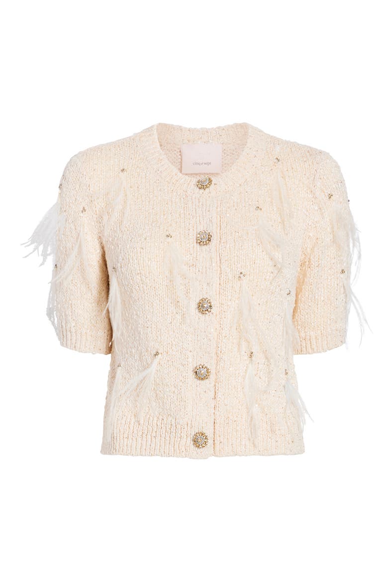 Coralie Embellished Short Sleeve Cardigan, Alternate, color, NATURAL/ SEQUIN