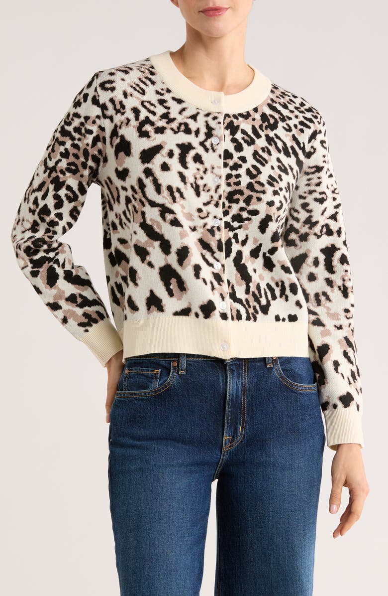 Bobeau Leopard Spot Button Front Cardigan, Main, color, Cream/ Taupe/ Black
