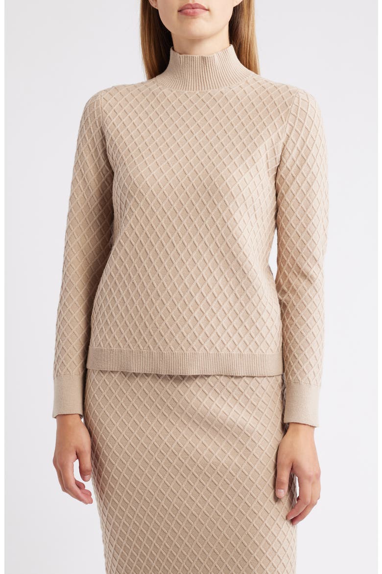 Diamond Stitch Scarf Mock Neck Sweater, Alternate, color, LATTE