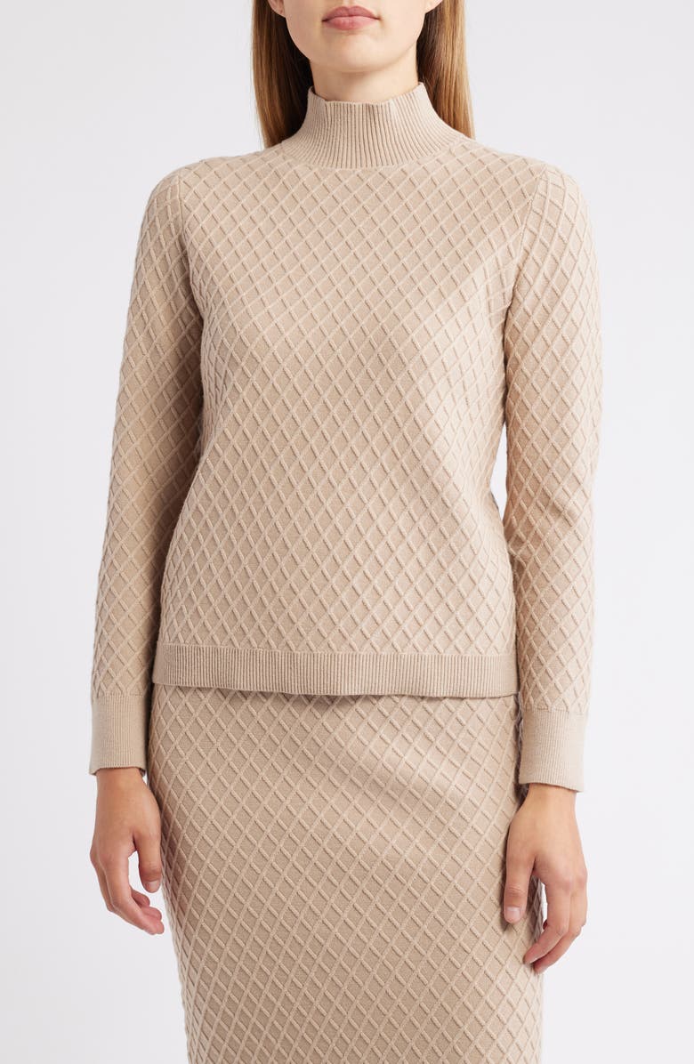 Anne Klein Diamond Stitch Scarf Mock Neck Sweater, Alternate, color, Latte