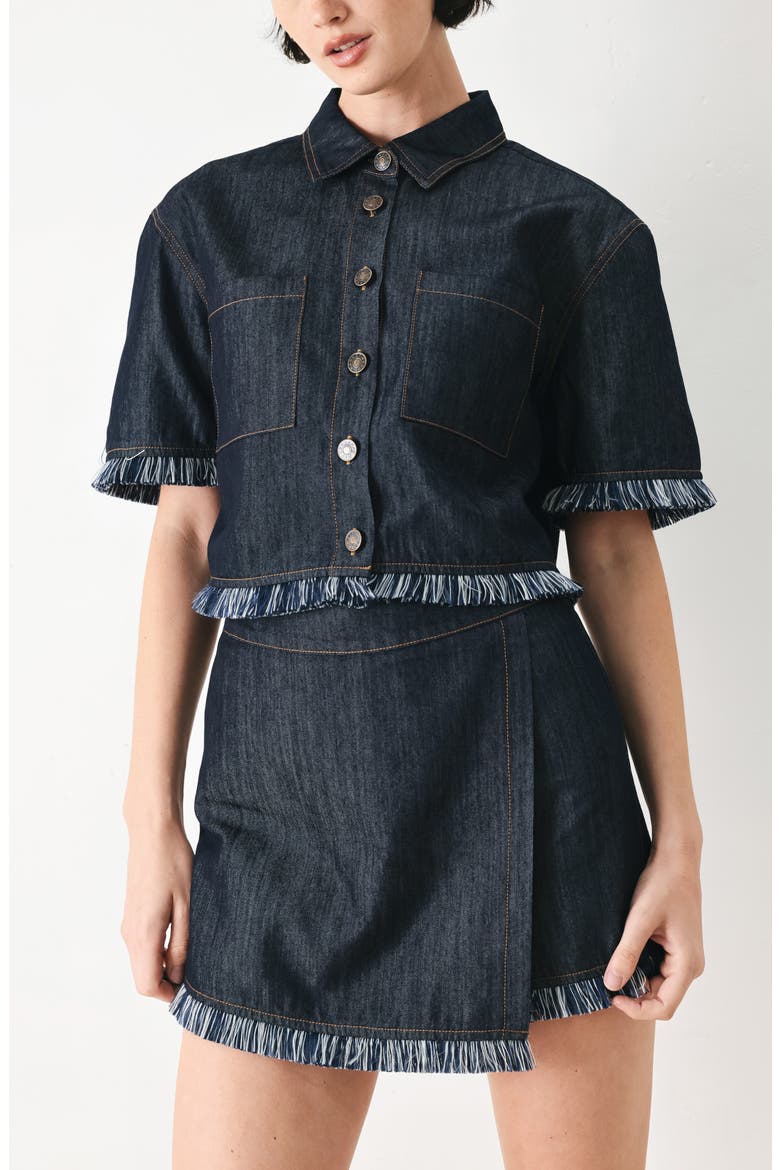 Fringe Hem Wrap Skort, Alternate, color, DARK DENIM