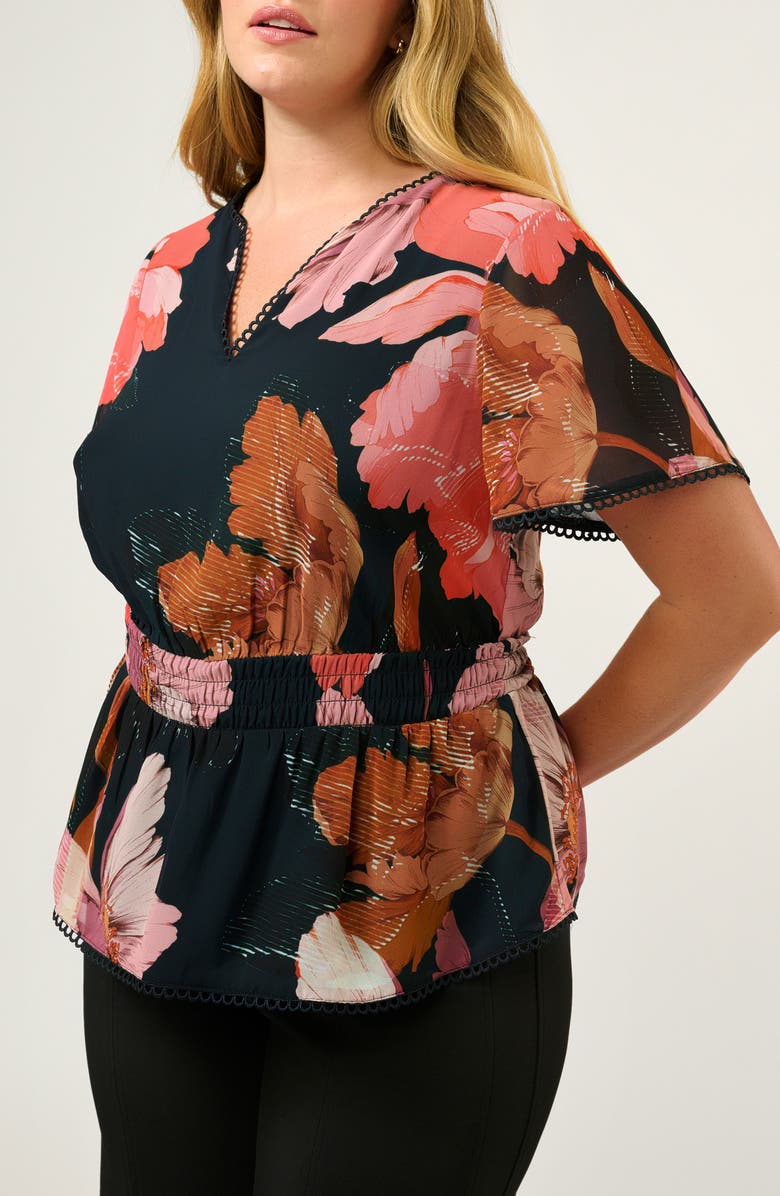 Estelle Elena Floral Picot Trim Flutter Sleeve Top, Alternate, color, Navy/ Peony