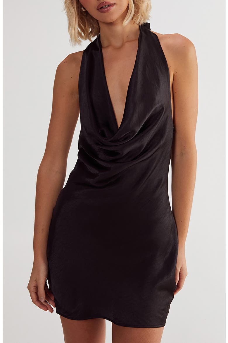 Textured Satin Cowl Neck Minidress, Main, color, BLACK