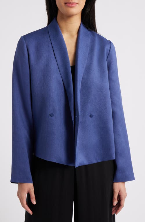 Eileen Fisher Shawl Collar Textured Silk Weave Double Breasted Jacket In Bluette