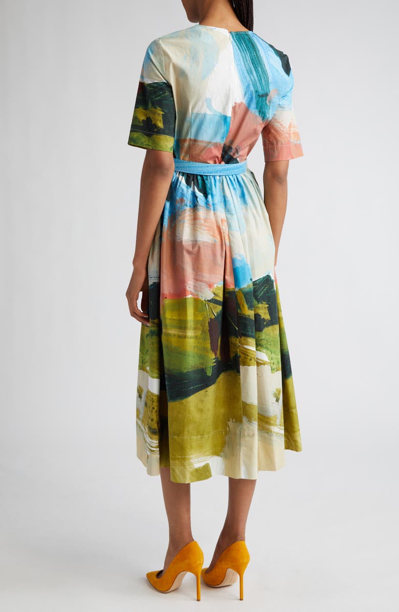 Oscar de la Renta Landscape Print Belted Stretch Cotton Midi Dress, Alternate, color,