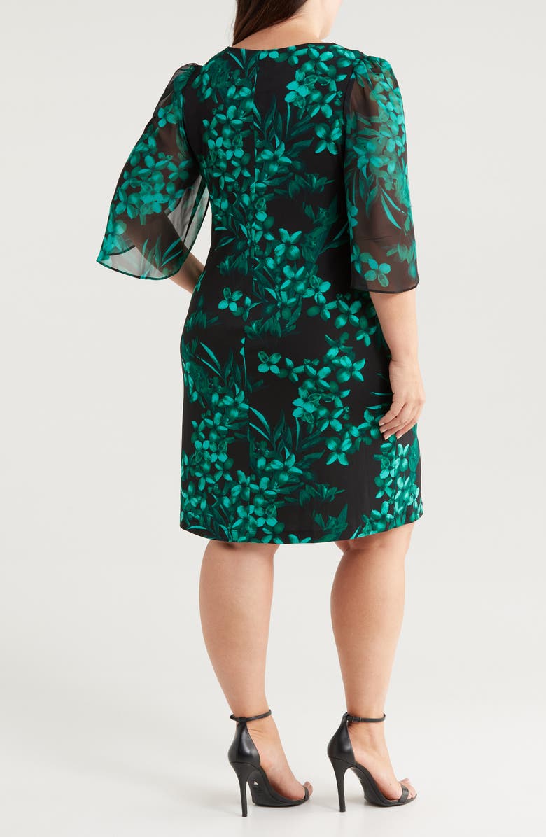 Connected Apparel Floral Chiffon Sleeve Sheath Dress, Alternate, color, Hunter