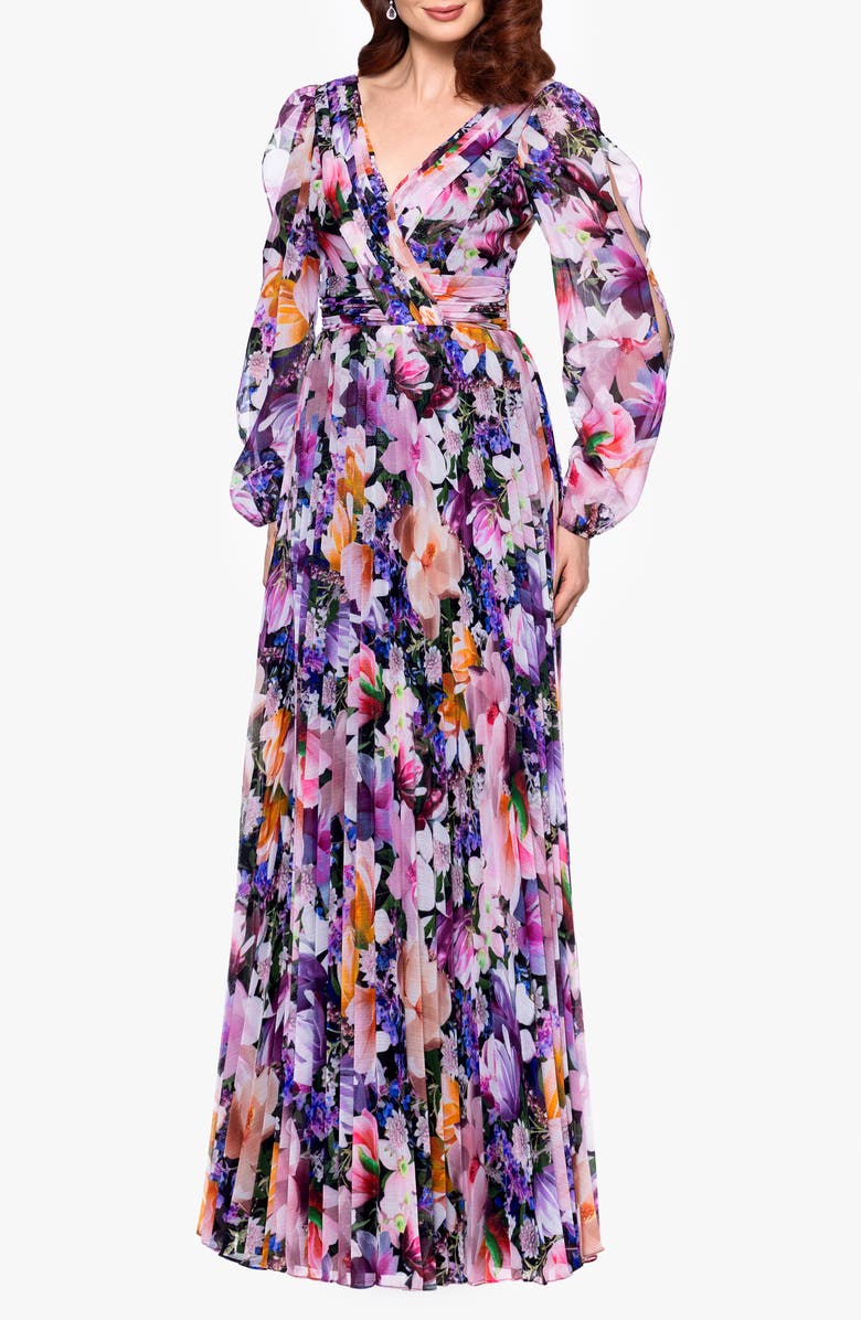 Betsy & Adam Metallic Floral Pleated Long Sleeve Gown, Main, color, 