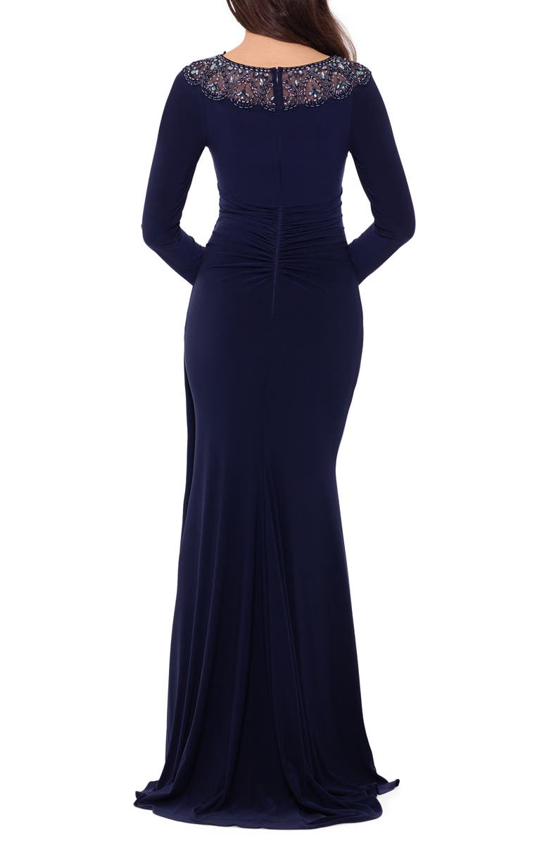 Xscape Evenings Xscape Beaded Neck Long Sleeve Ruched Jersey Gown, Alternate, color,