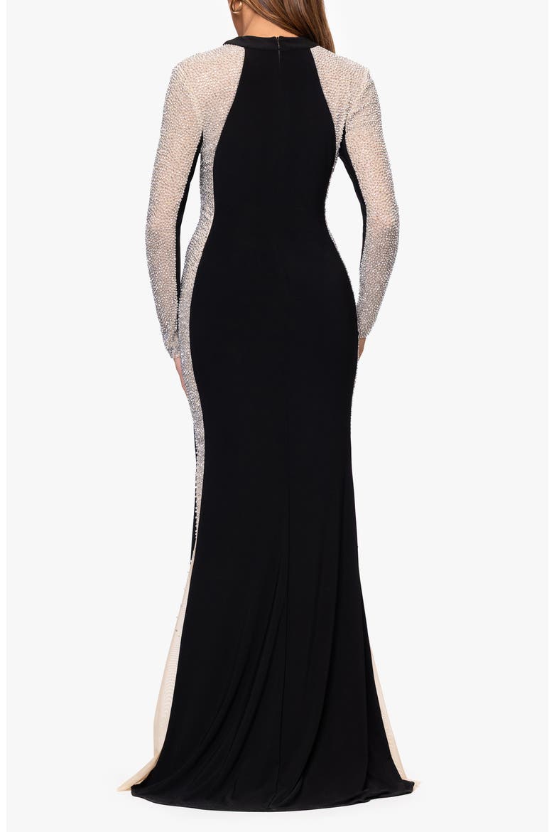 Beaded Mesh Long Sleeve Gown, Alternate, color, BLACK/ BEIGE/ SILVER