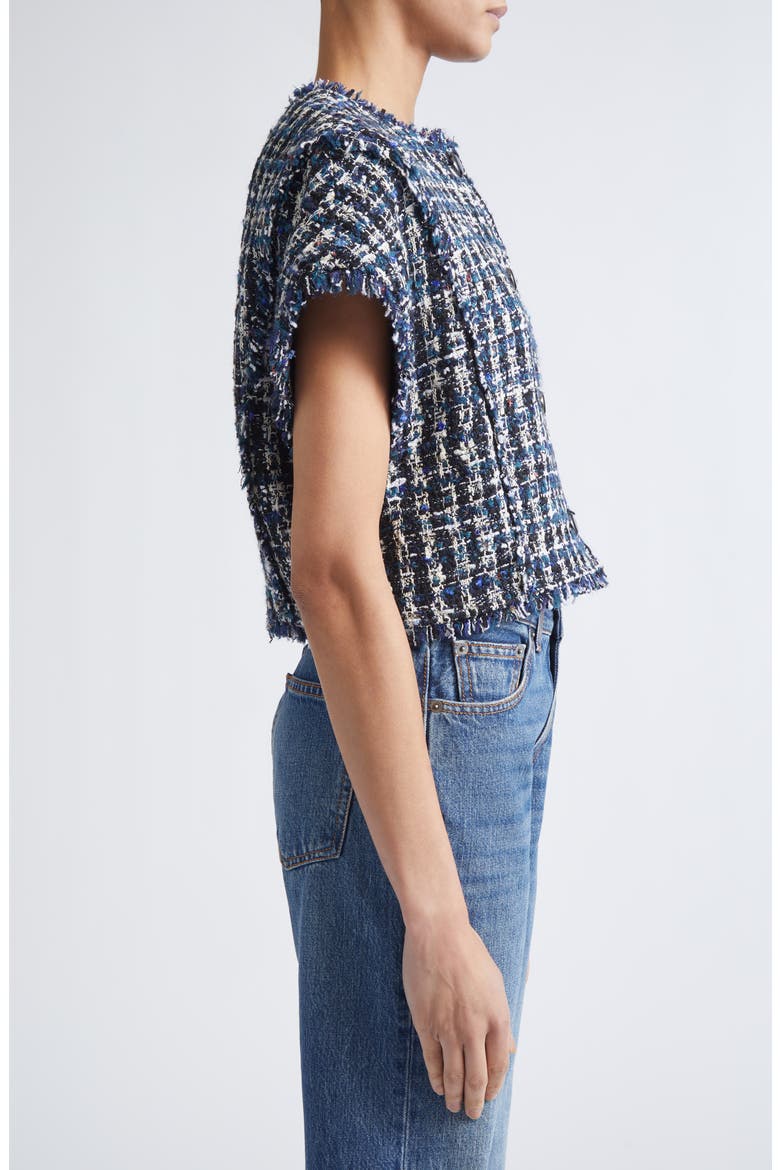 Fringe Cap Sleeve Multicolor Check Tweed Jacket, Alternate, color, TOURMALINE MULTI