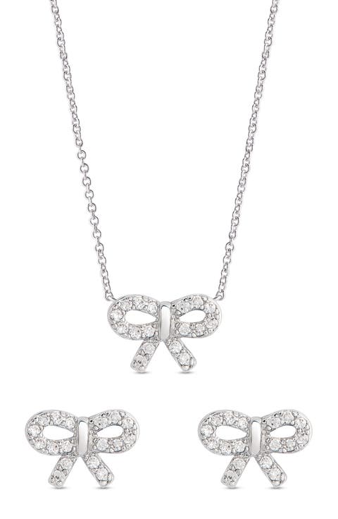 Kids' Cubic Zirconia Bow Stud Earrings & Pendant Necklace Set