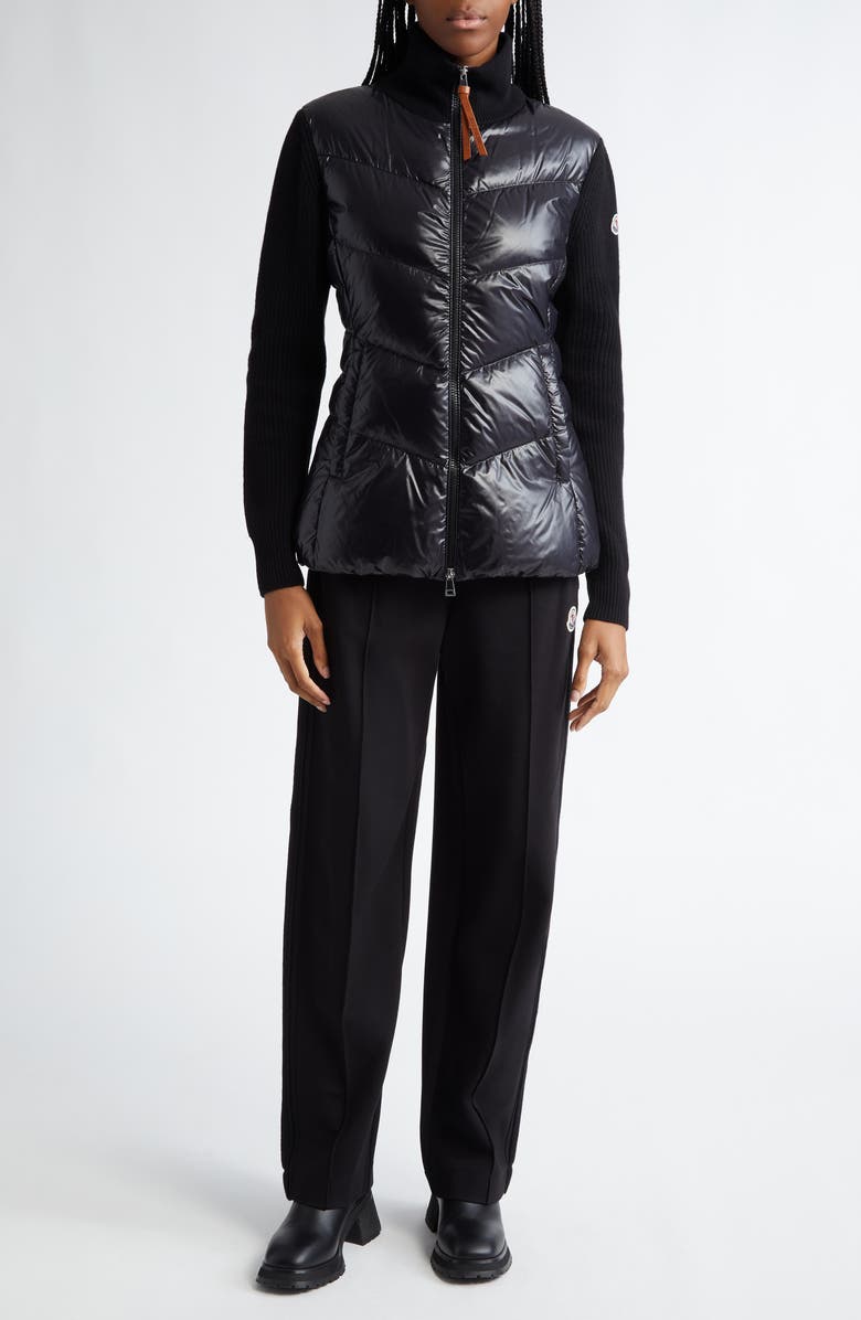 Moncler Quilted Down & Knit Cardigan, Alternate, color, Black