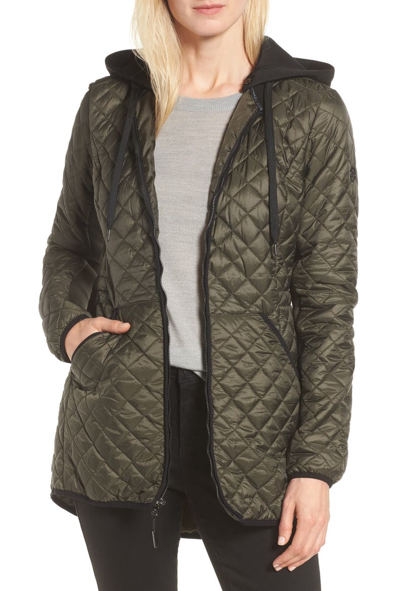 Diamond Quilted Hybrid Hooded Jacket, Main, color, OLIVE