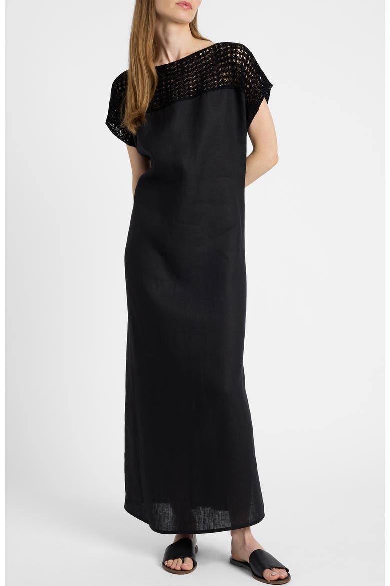 Harmony Crocheted Cap Sleeve Linen Maxi Dress, Alternate, color, Black