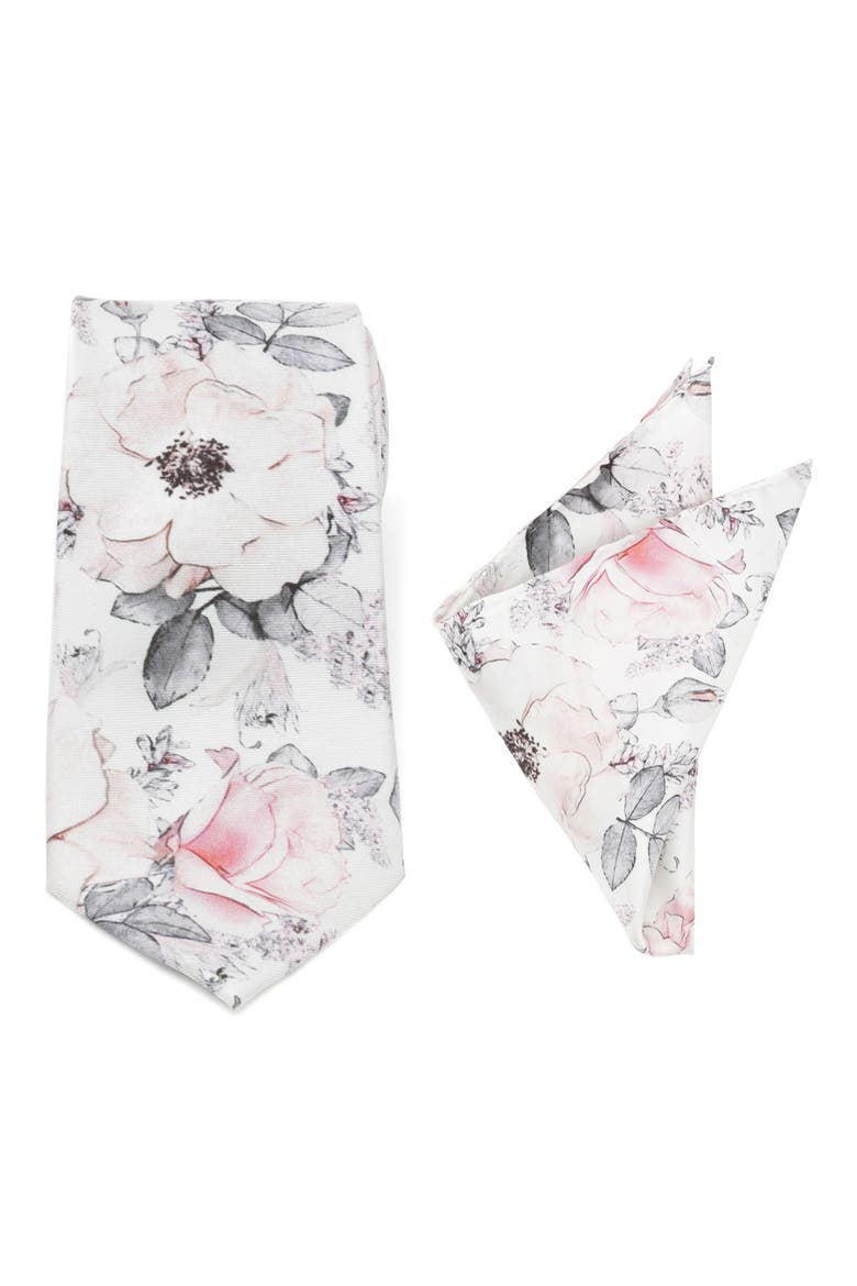 Floral Silk Tie & Pocket Square, Main, color, GRAY