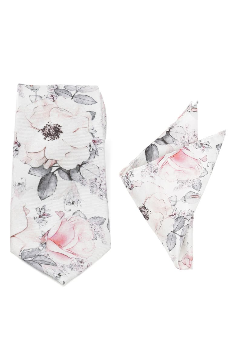 Cufflinks, Inc. Floral Silk Tie & Pocket Square, Main, color, Gray