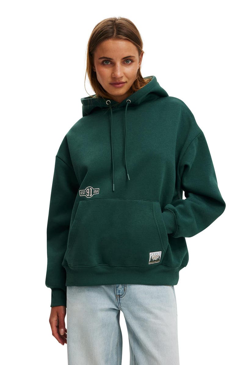 Cotton On Women's Premium Oversized Graphic Hoodie, Main, color, Alpine Forest Treetop Green