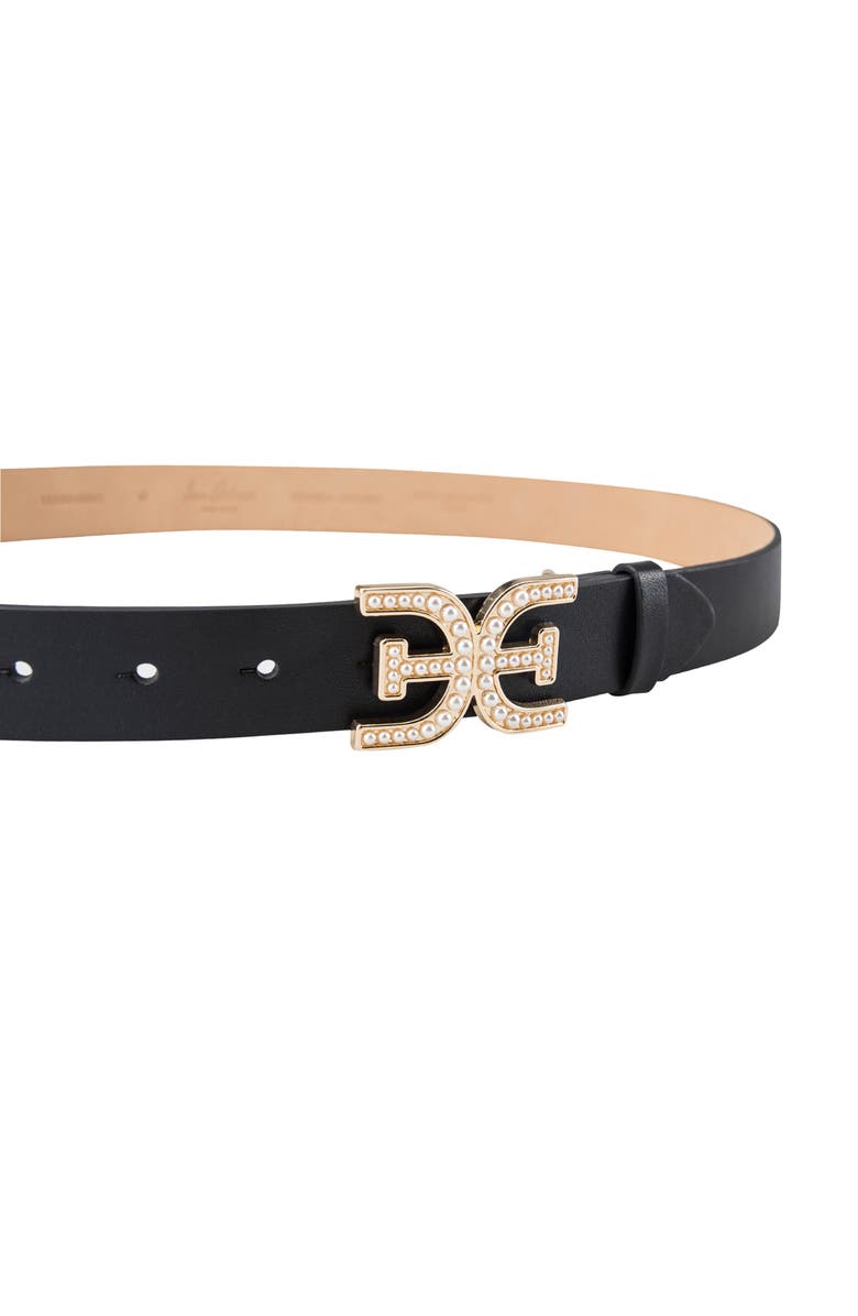 Sam Edelman Imitation Pearl Logo Plaque Belt, Alternate, color, Black
