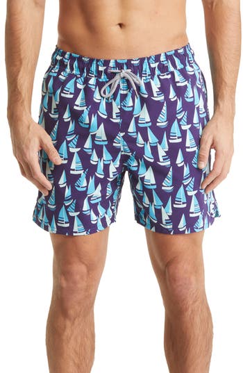 Tom & Teddy Boat Print Swim Trunks In Mulberry & Blue