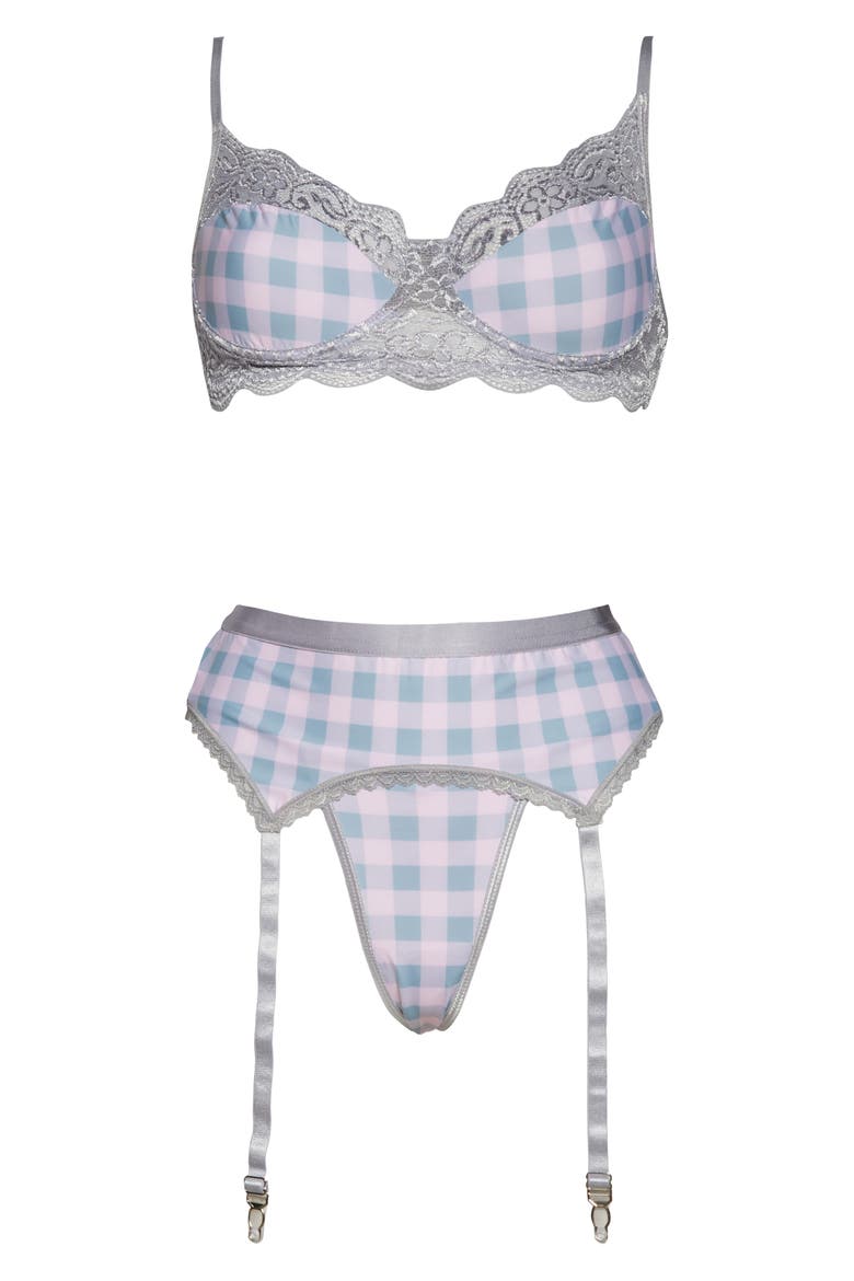 Gingham Underwire Bra, Garter Belt & G-String Set, Alternate, color, PINK