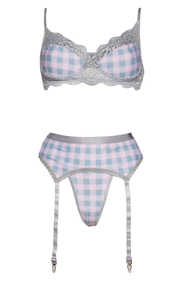 Coquette Gingham Underwire Bra, Garter Belt & G-String Set, Alternate, color, Pink