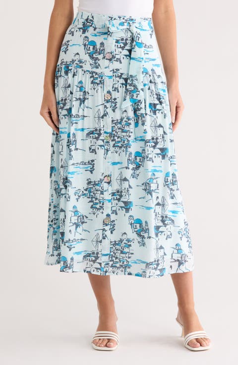 Button Front Print Midi Skirt