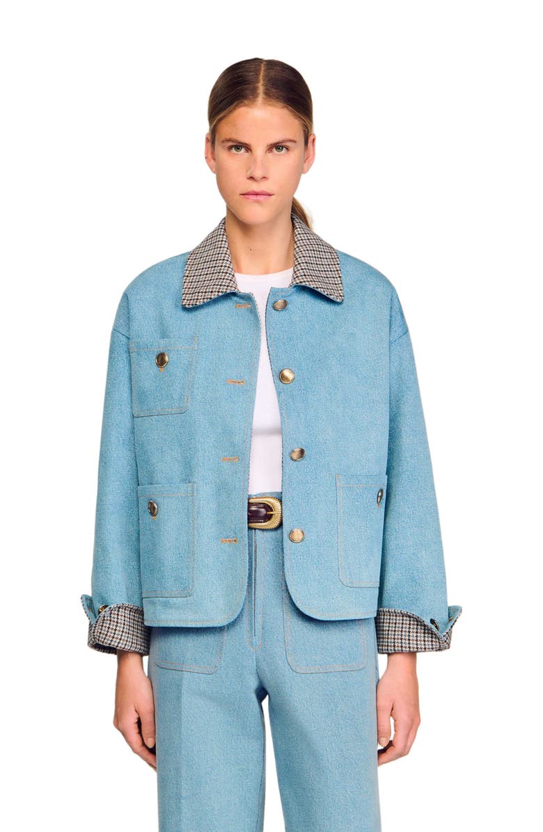 SANDRO Plaid collar denim jacket, Alternate, color, Blue Jean
