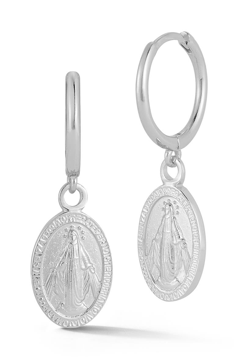 Mother Mary Oval Drop Huggie Hoop Earrings, Main, color, SILVER