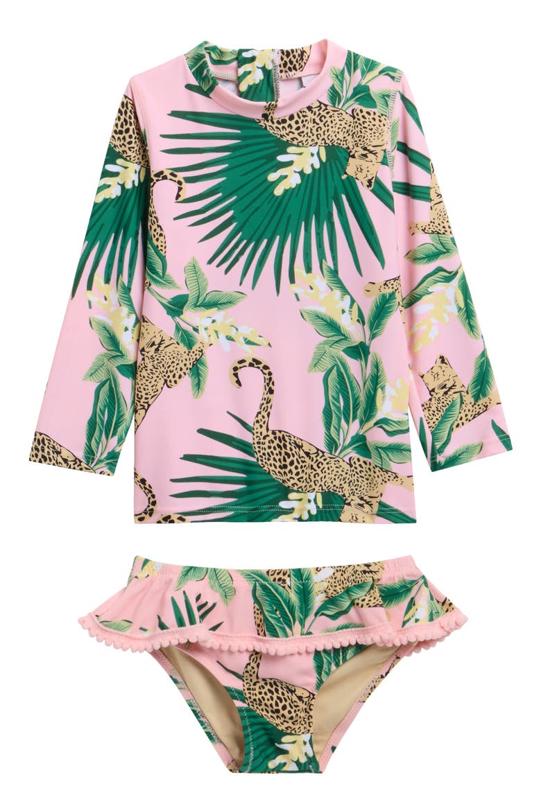 Kids' Tropical Leopard Long Sleeve Two-Piece UPF 50+ Rashguard Swimsuit, Main, color, PINK