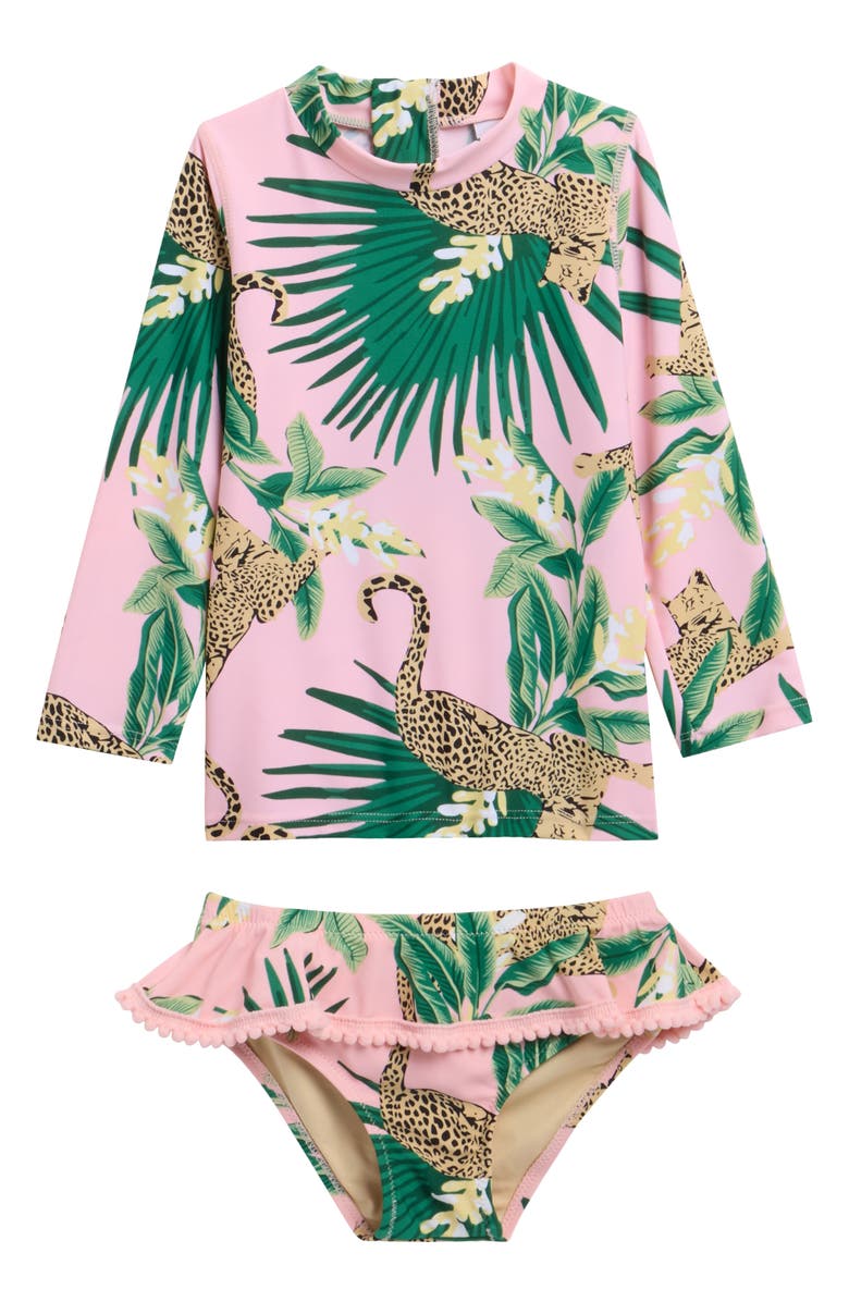 Shade Critters Kids' Tropical Leopard Long Sleeve Two-Piece UPF 50+ Rashguard Swimsuit, Main, color, Pink