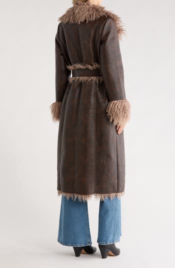Faux Shearling Trim Faux Leather Coat