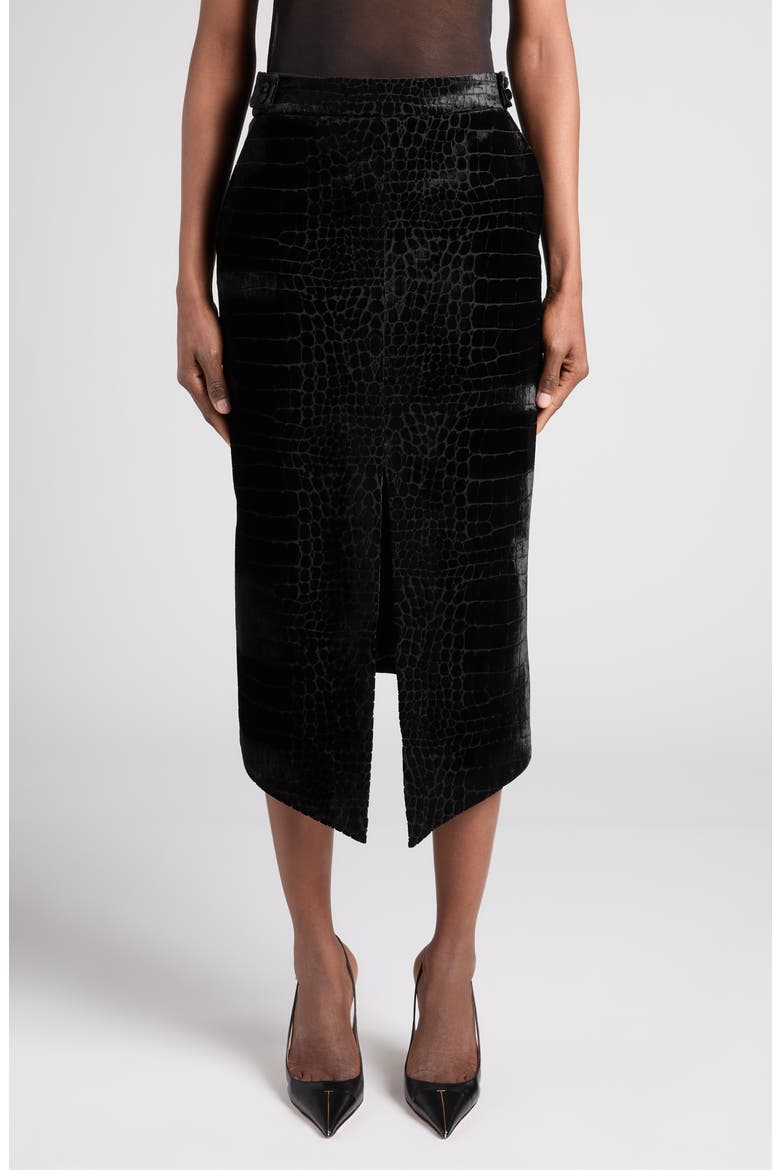 Crocodile Devoré Velvet Skirt, Main, color, BLACK