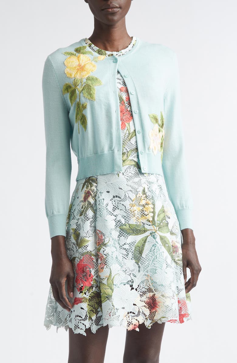 Oscar de la Renta Chiné Embroidered Dominican Floral Wool Cardigan, Main, color, Saltwater