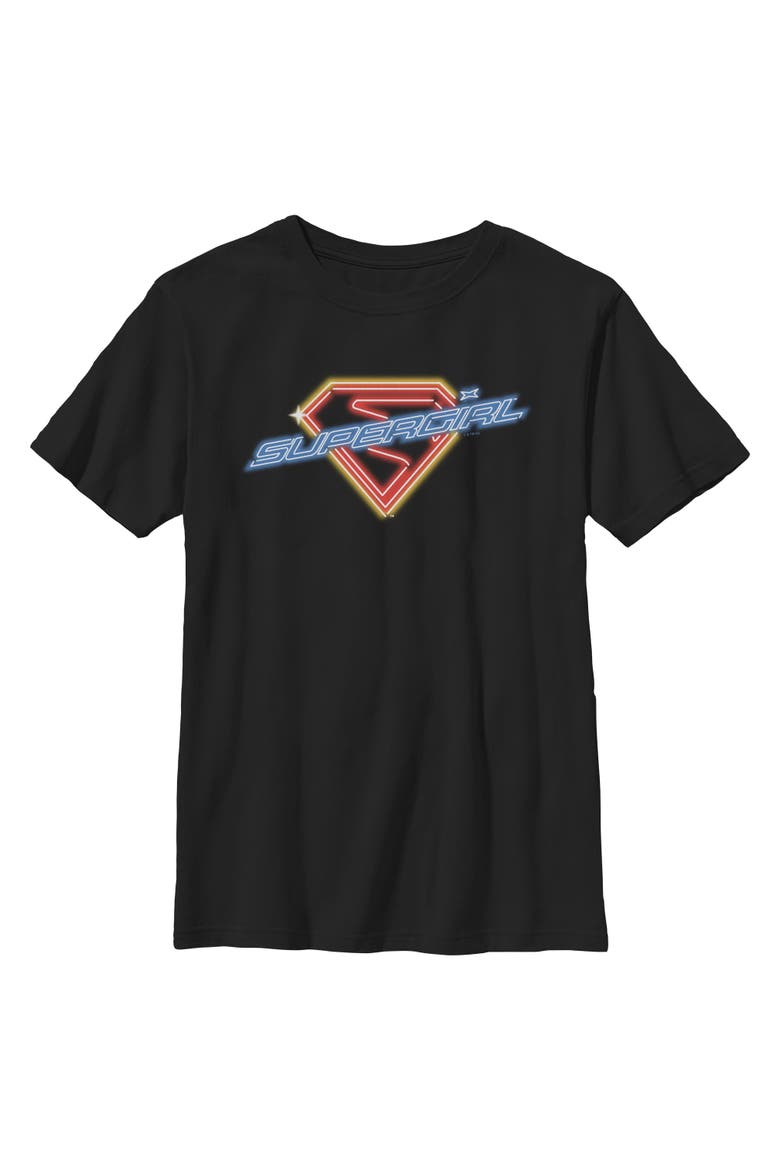 Boy's Supergirl Neon Sign Logo  Graphic T-Shirt, Main, color, Black
