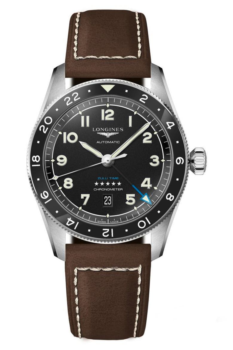 Spirit Zulu Time Leather Strap Watch, 42mm, Main, color, BLACK/ BROWN