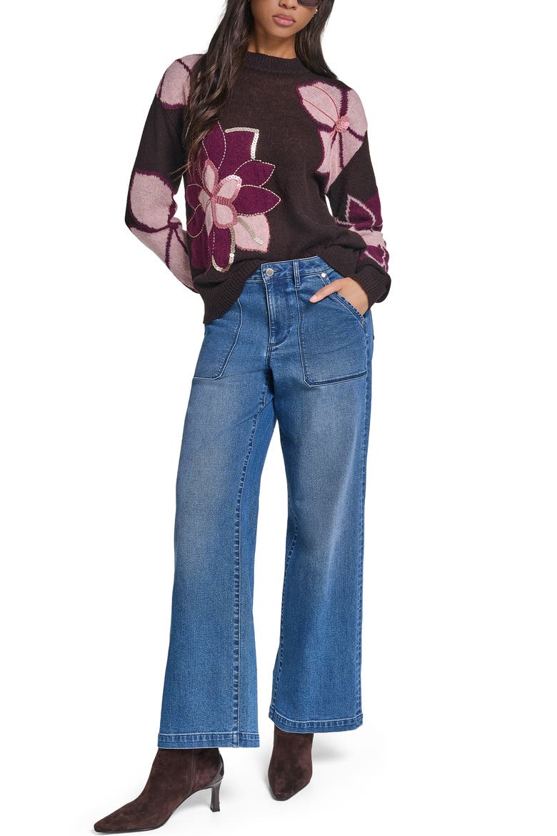 Floral Sequin Crewneck Sweater, Alternate, color, CHOCOLATE
