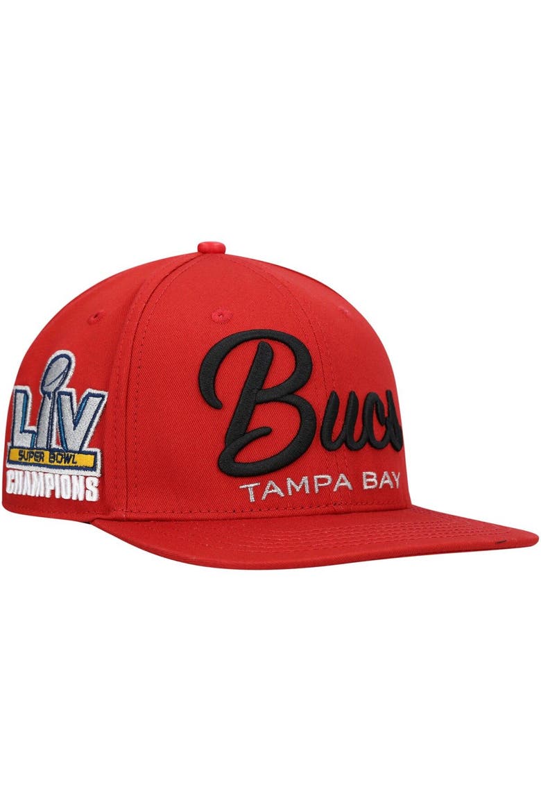 Men's Pro Standard Red Tampa Bay Buccaneers LV Super Bowl Champions Script Wordmark Snapback Hat, Main, color, Red