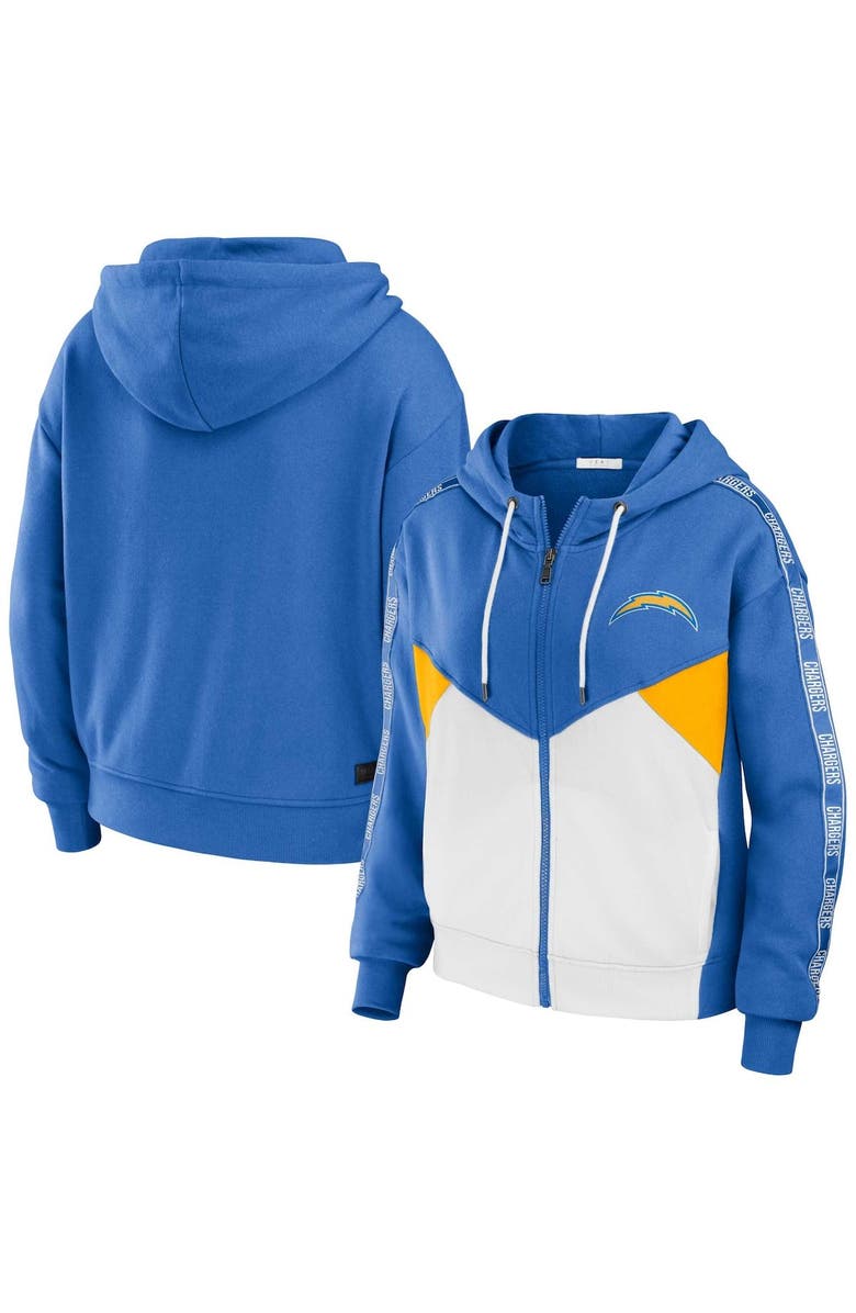 WEAR by Erin Andrews Women's WEAR by Erin Andrews Powder Blue/White Los Angeles Chargers Color Block Light Weight Modest Crop Full-Zip Hoodie, Main, color,