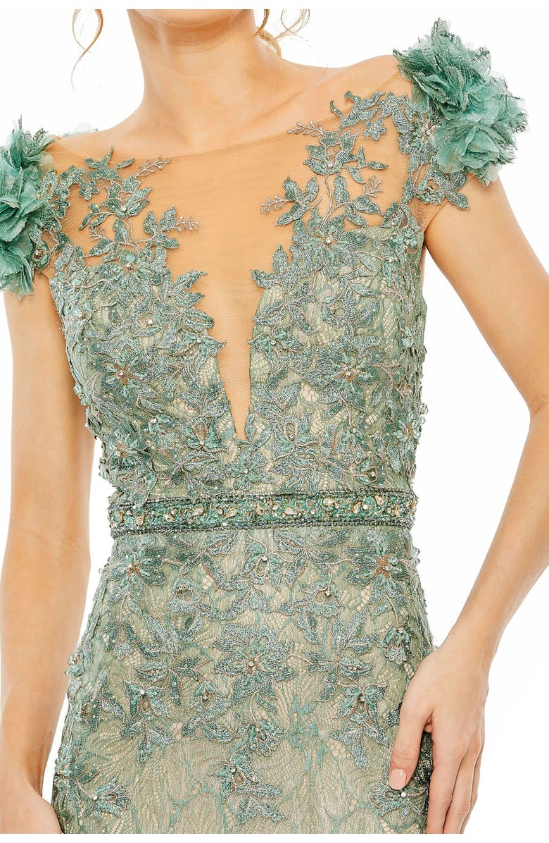 Mac Duggal Embroidered Illusion Appliqued Bodice Trumpet Gown, Alternate, color, Sage