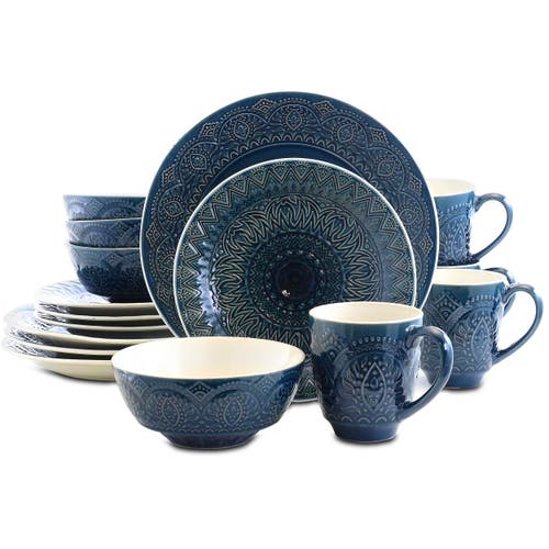 Elama Petra 16 Piece Stoneware Dinnerware Set In Blue