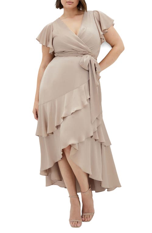 Shop City Chic Jen Ruffle Faux Wrap Satin Dress In Simply Taupe