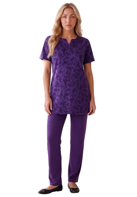 Plus Size Soft Knit Print Tunic With Notch Neckline