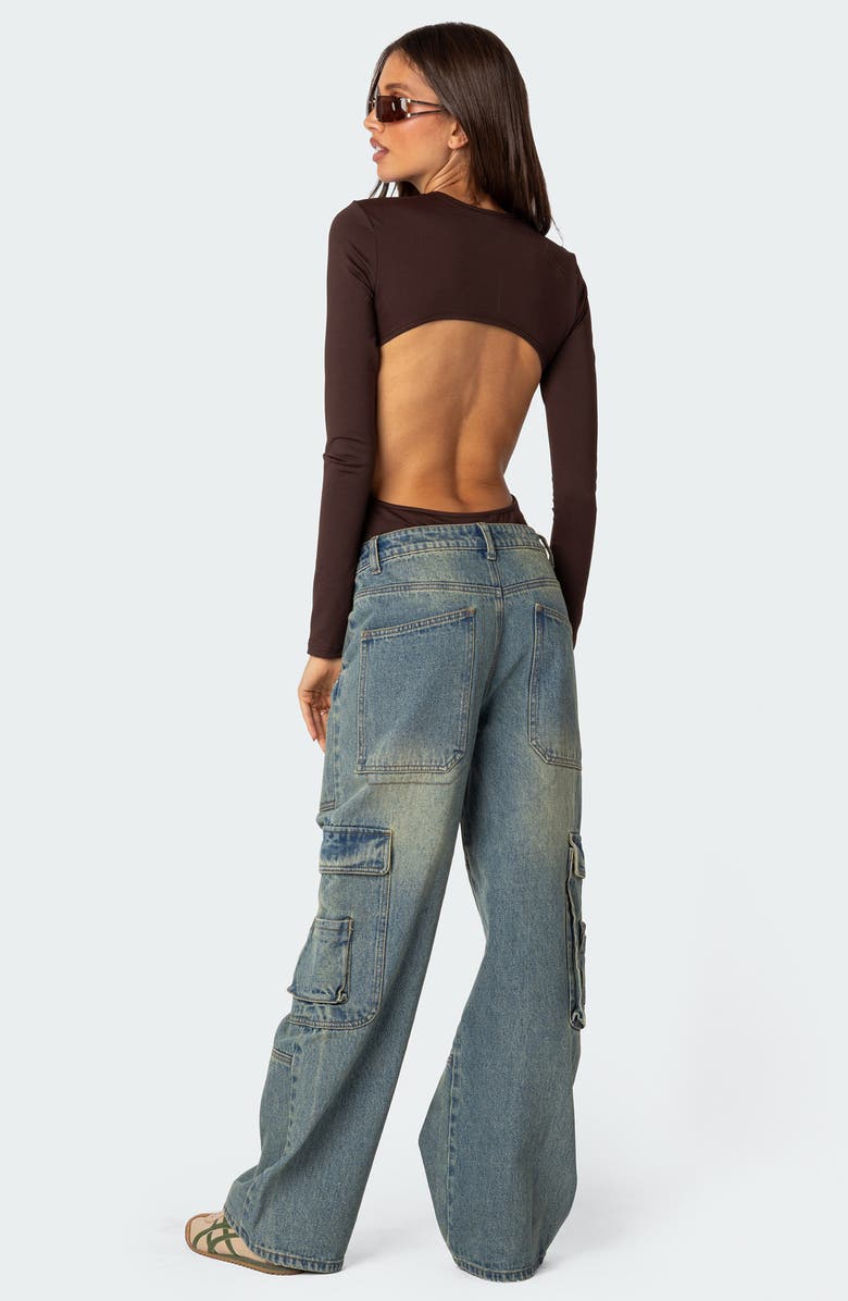 EDIKTED Neta Back Cutout Long Sleeve Bodysuit, Alternate, color, Brown