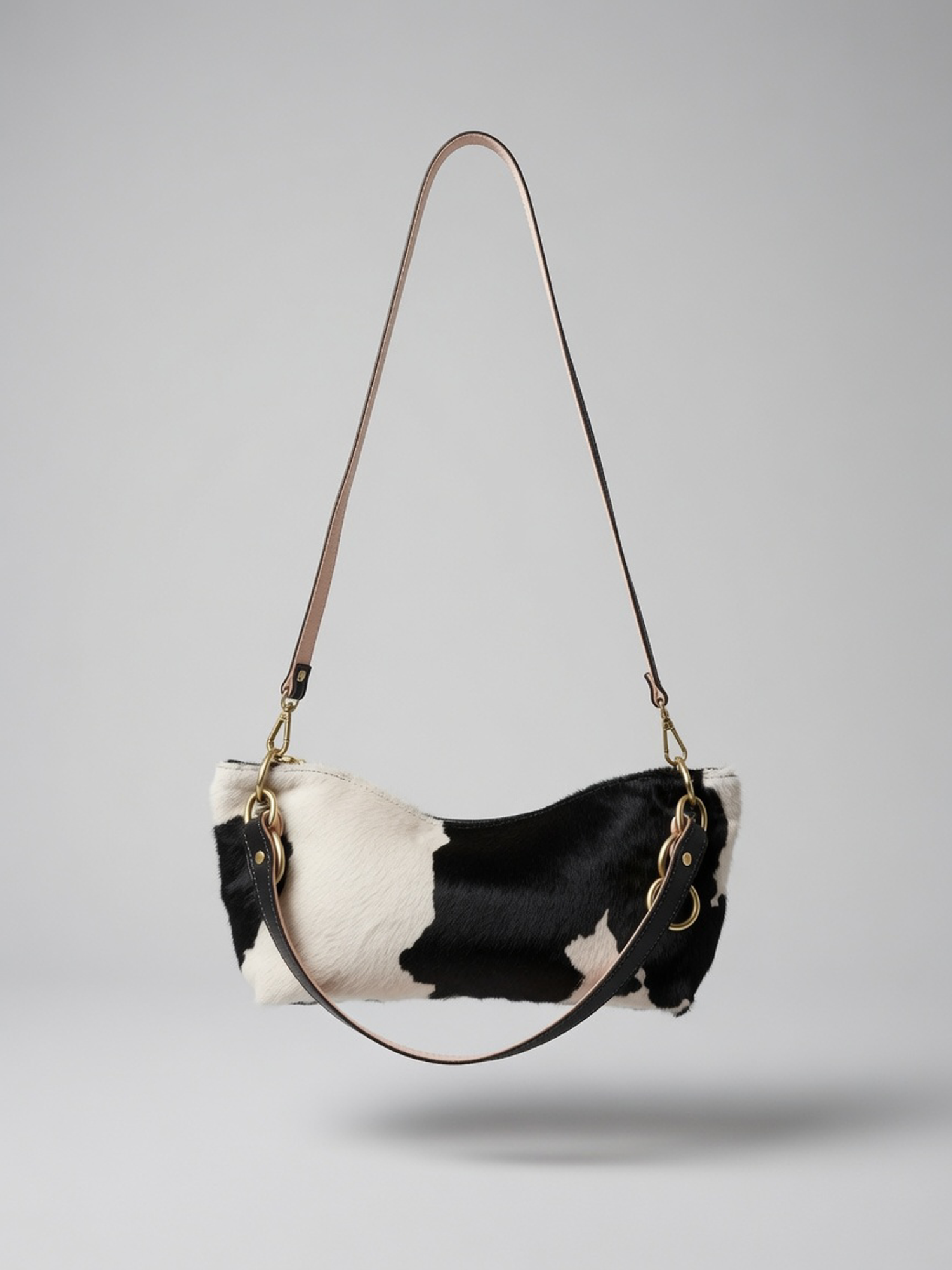 Leather Shoulder Bag, Main, color, Black White Cow Print