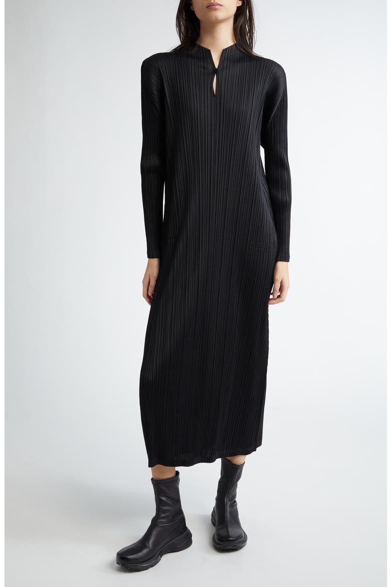 Monthly Colors January Pleated Long Sleeve Dress, Main, color, BLACK
