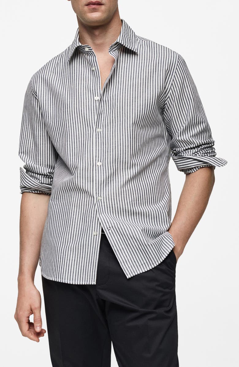 MANGO Regular Fit Stripe Cotton & Linen Button-Up Shirt, Main, color, 