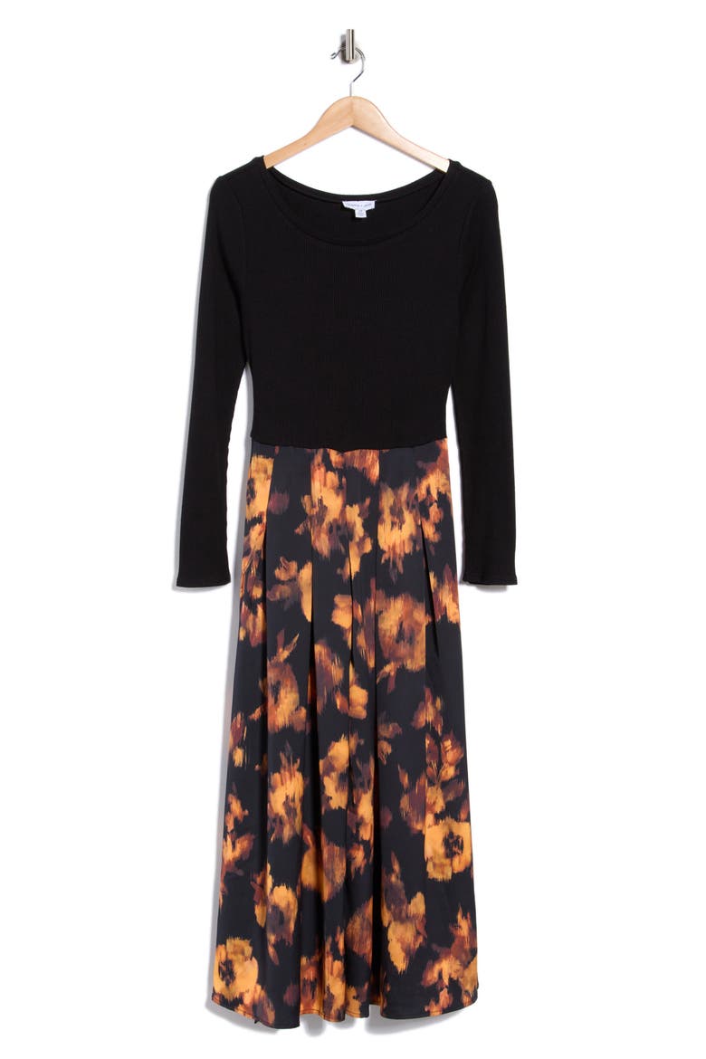 Layered Look Tie Waist Long Sleeve Maxi Dress, Alternate, color, BLACK
