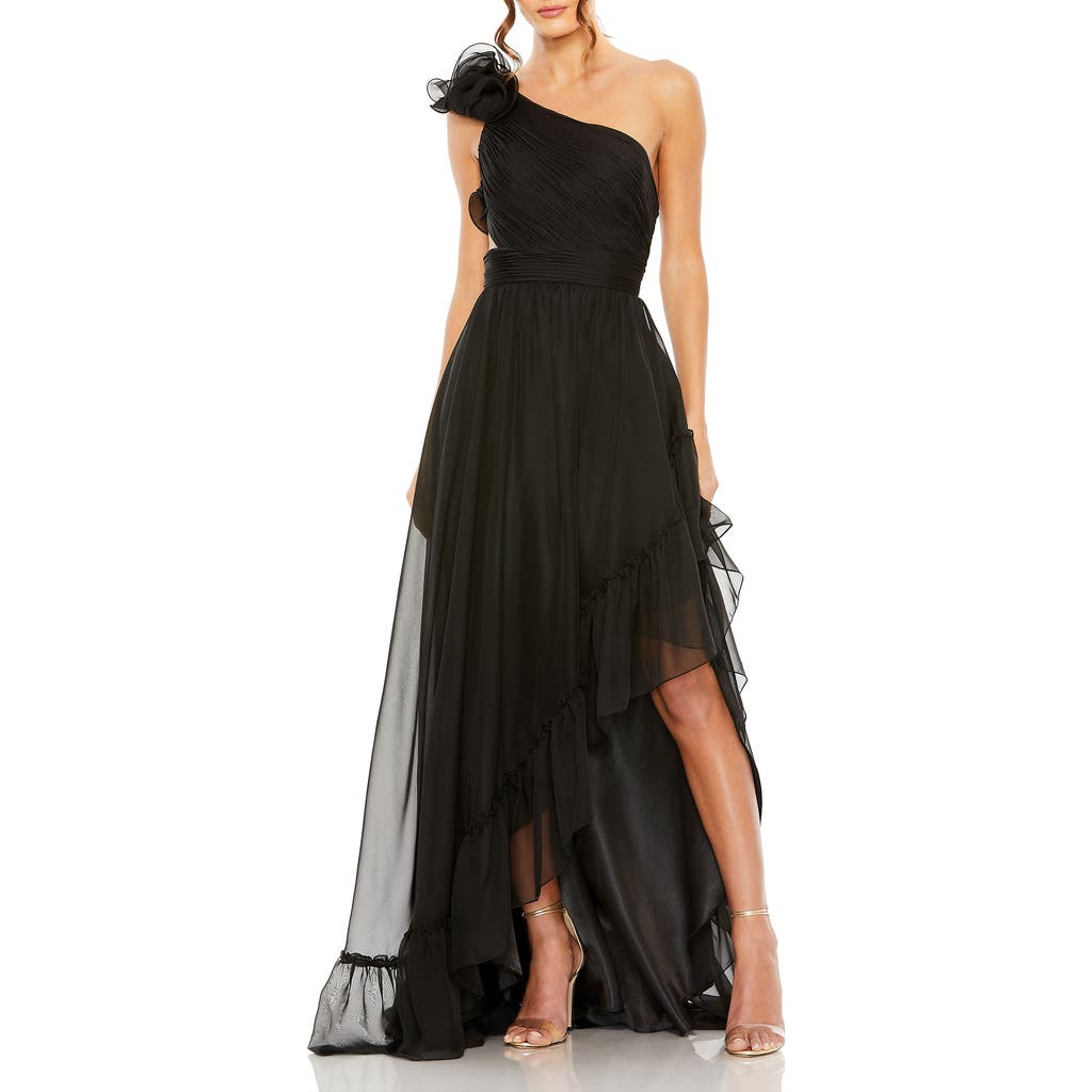 Mac Duggal Ruffled One Shoulder Asymmetrical Gown In Black