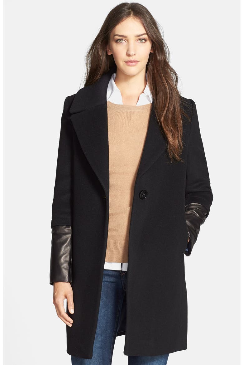 'Greece' Leather Sleeve Wool Coat, Main, color, BLACK